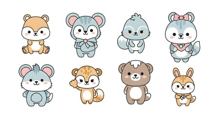 Obraz premium A collection of eight cute cartoon forest animals in a kawaii style, featuring bears, mice, squirrels, and a rabbit with soft pastel colors on a white background.