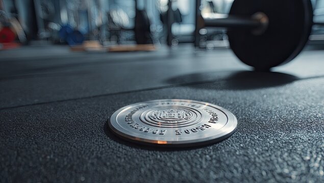 Close-up of a metallic disc on a gym floor, featuring intricate design and a weightlifting barbell in the background