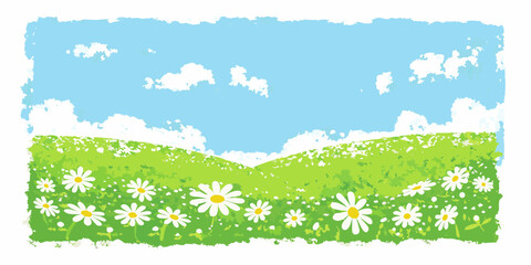 Obraz premium Vibrant green rolling hills dotted with white daisies under a bright blue sky with fluffy clouds