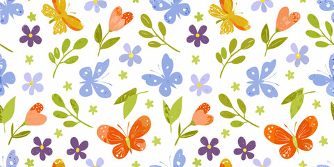 Charming seamless pattern of hand drawn butterflies and wildflowers in vibrant spring colors on a white background