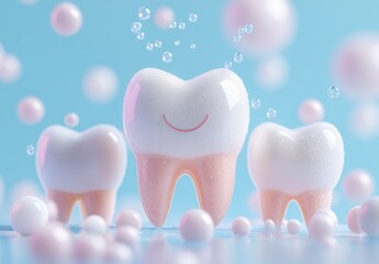 Three cartoon teeth, light pink and white, surrounded by pastel pink bubbles on a light blue background