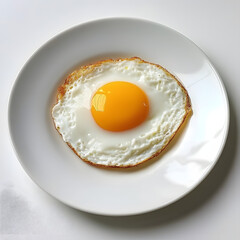 A close-up of a perfectly fried egg with a bright golden-yellow yolk, served on a clean white plate, capturing the delicious simplicity of this classic breakfast dish.
