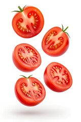 Fototapeta premium Five halved tomato slices with visible red flesh, seeds, and green stems in vertical floating arrangement on white background