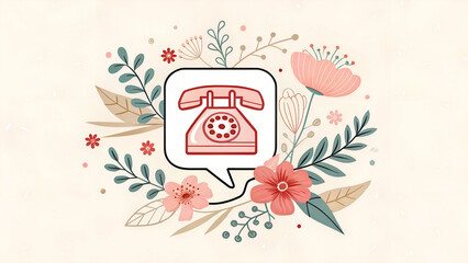 Stylized raster image of a vintage rotary phone icon inside a speech bubble, surrounded by delicate floral elements on a light pastel background. Suitable for contact page designs, blog headers, custo