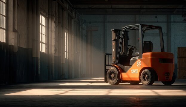 Industrial forklift in a sunlit warehouse