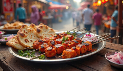 Delicious street food skewers and naan in a vibrant market setting.
