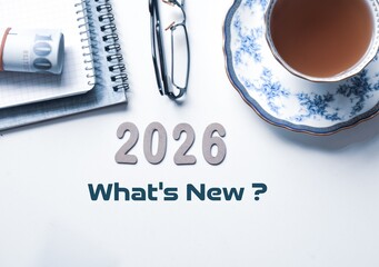 2026 Wooden numbers with what's new inscription on desk. New year predictions expectations concept.