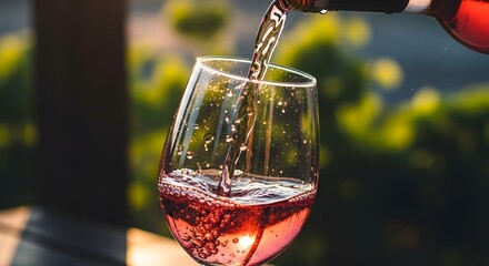 Ros wine pouring with vineyard sunset.