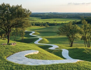 Winding path through sculpted landscape