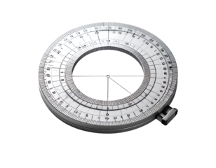 Circular protractor with precise degree markings, metallic,  crosshairs at center, and a small, side-mounted clasp