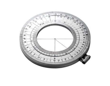 Circular protractor with precise degree markings, metallic,  crosshairs at center, and a small, side-mounted clasp