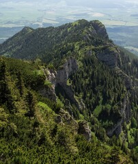 Steep rocky mountain ridge covered with dense pine forest, viewed from above on a clear summer day, with a valley and farmlands visible in the background.