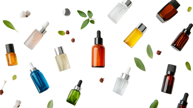 Collection of cosmetic serum bottles and botanical elements isolated on transparent background