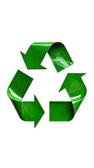 Obraz premium Glossy green recycling symbol; three interlocked arrows forming a triangle, rendered in a 3D style with a reflective surface