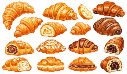 クロワッサン、チョコデニッシュ、アーモンドクロワッサンのイラストセット / ベーカリーやカフェ、フードデザインに使えるパンのイラスト素材