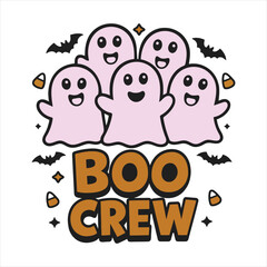 Fototapeta premium Cute halloween boo crew ghost friends with bats candy corn and stars festive design