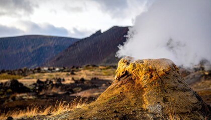 Volcanic bomb with breadcrust texture steamed by drizzle warm rock against cool air representing explosive volcanism and rich mineral surface suitable for science education museum graphics 