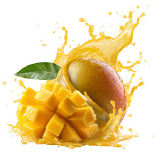 Mango with Juice Splash and Cubed Pieces on a Transparent Background