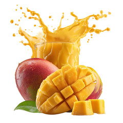 Mango with Juice Splash and Cubed Pieces on a Transparent Background