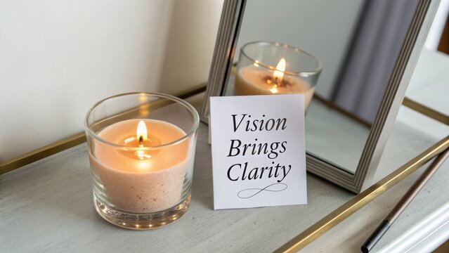Candle with Flame and Inspirational Quote Next to a Mirror