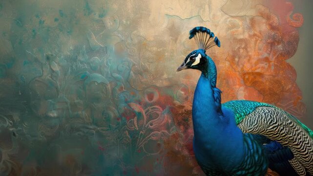 Peacock on ornate textured background, vibrant colors, display of plumage