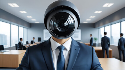 CCTV surveillance security camera in business suit, spying privacy technology.