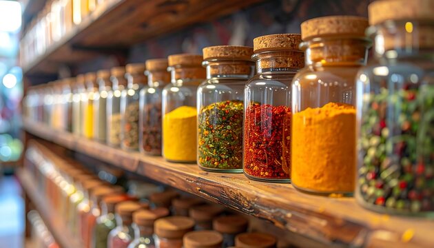 Colorful spices in glass jars on wooden shelves (1)