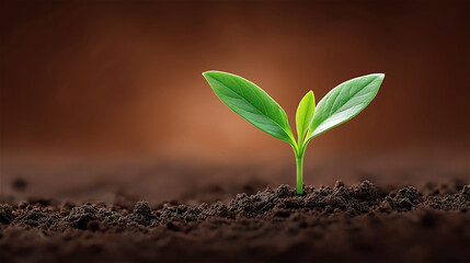 Naklejka premium Green seedling sprouting from soil, symbolizing growth, sustainability and ecology, with natural agricultural background and inspirational copy space.