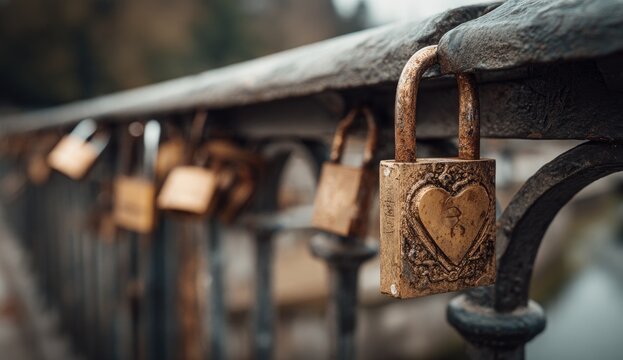 Metal love locks on a bridge railing