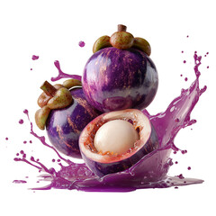 Mangosteen Fruit with Purple Juice Splash on a Transparent Background