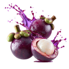 Mangosteen Fruit with Purple Juice Splash on a Transparent Background
