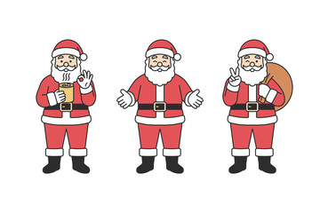 Santa Claus character set showing OK gesture, open arms welcoming pose and peace sign with gift sack, traditional red costume, festive Christmas mascot for holiday season. Flat vector illustration