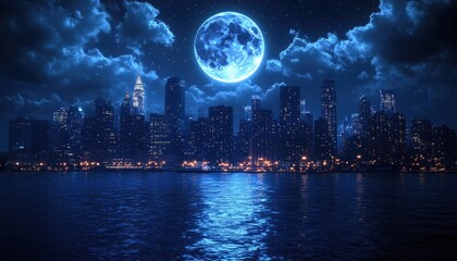 Night city skyline, moonlit