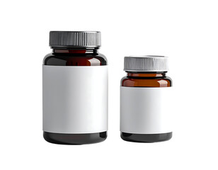 Two amber glass bottles with silver caps and blank white labels, one noticeably larger than the other, isolated on a black background