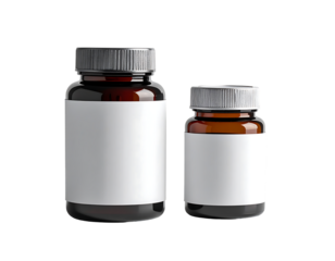 Two amber glass bottles with silver caps and blank white labels, one noticeably larger than the other, isolated on a black background