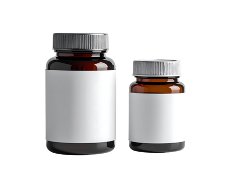 Two amber glass bottles with silver caps and blank white labels, one noticeably larger than the other, isolated on a black background