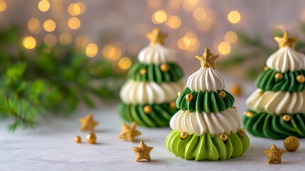 Three tiered meringue Christmas trees in shades of green and white, adorned with gold stars and sprinkles, against a background of festive lights