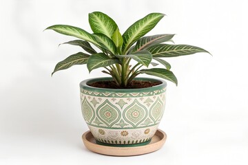 Obraz premium Indoor potted plant with patterned green leaves in geometric ceramic pot on white background 