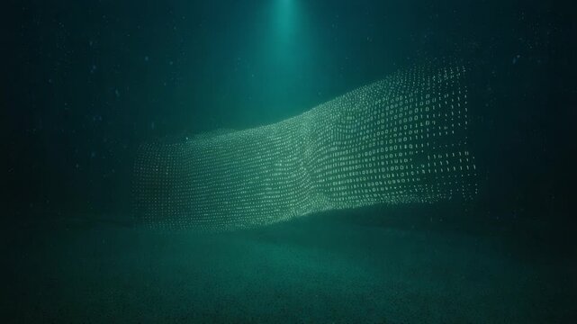 Glowing binary code forming a digital wave and flowing like a data stream in a dark, murky underwater environment, illuminated by a beam of light from above, representing deep data mining