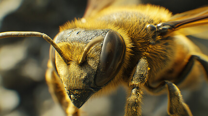 Magnificent macro shot of a bee's head showcasing intricate details, perfect for educational materials, nature documentaries, or environmental campaigns