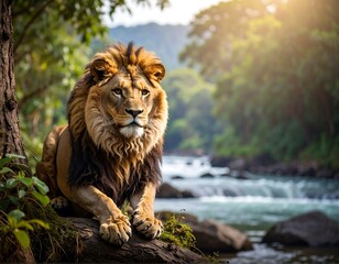 Obraz premium Majestic lion in a lush jungle setting