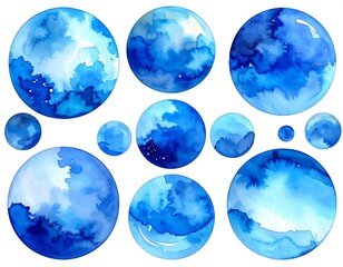 Watercolor blue spheres on white