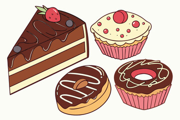 A vector illustration of a delicious set of sweet chocolate cakes and cupcakes for a birthday celebration
