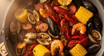 Seafood Boil Crawfish with Shrimp, and Corn.