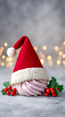 A Santa hat on a swirled meringue, flanked by holly and berries, with blurred lights in the background