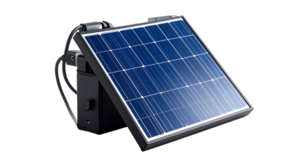 Compact, dark-grey solar panel with adjustable angle, attached to a small black box and a wire