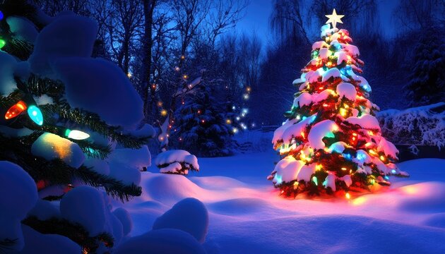 Snowy Christmas tree lit by colorful lights in a winter wonderland