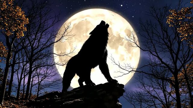 A silhouette of a lone wolf howling at the bright full moon on a starry night from a rocky cliff in a forest.