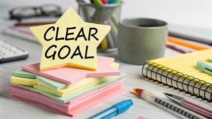 Clear Goal Concept with Sticky Notes and Office Supplies on Desk
