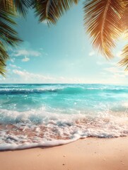 Fototapeta premium 砂浜に打ち寄せる波とヤシの葉の青い空の背景
